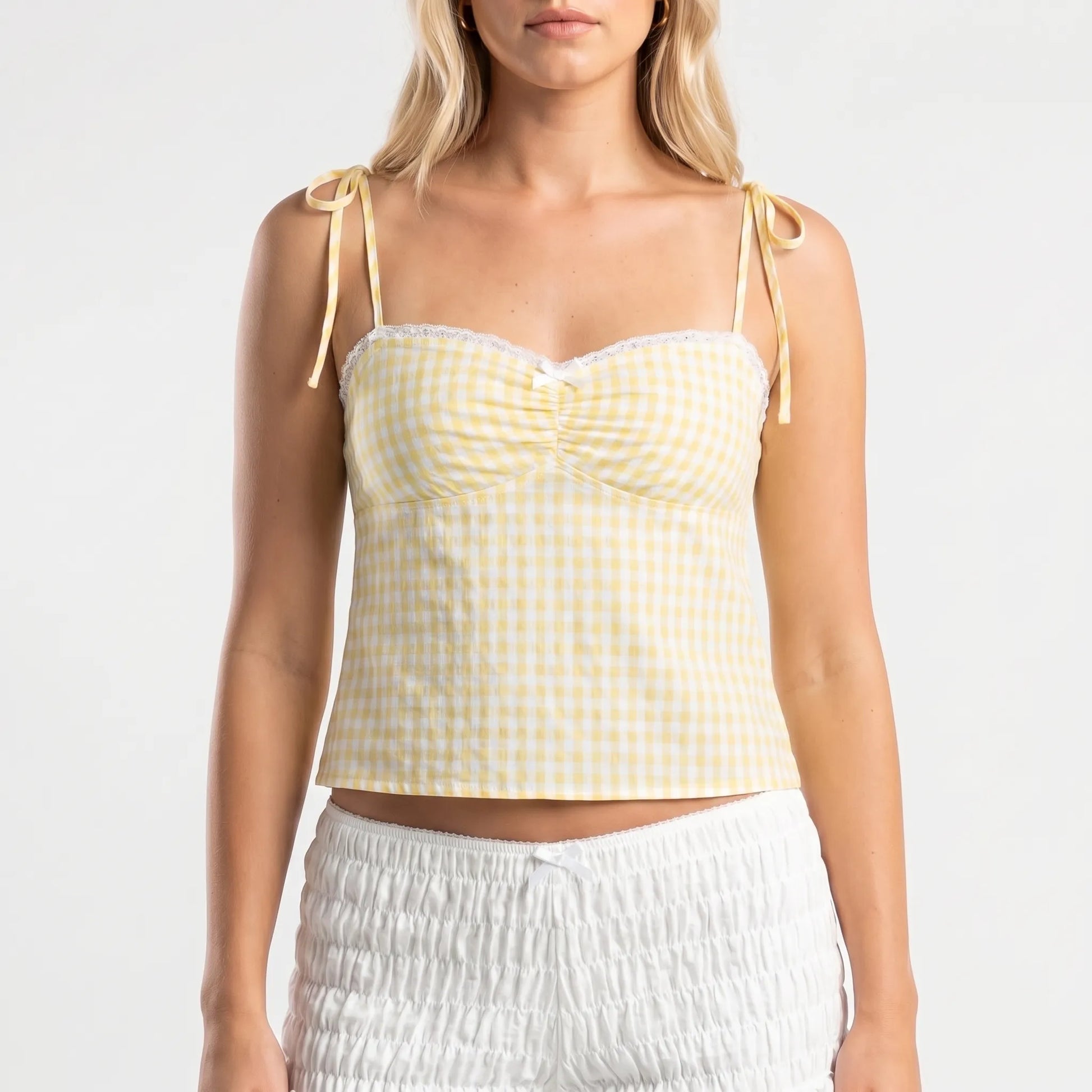Gingella | Gingham Print Lace-Trim Crop Top