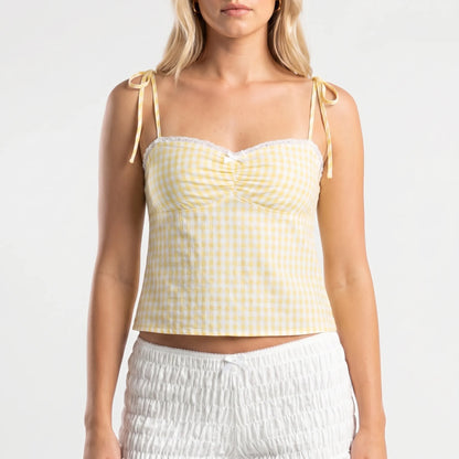 Gingella | Gingham Print Lace-Trim Crop Top
