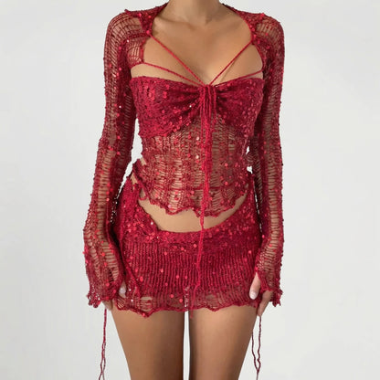 Glitzura - Sequin Open-Knit Two-Piece Set