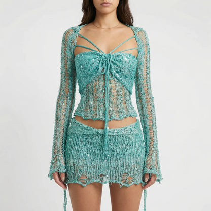 Glitzura - Sequin Open-Knit Two-Piece Set