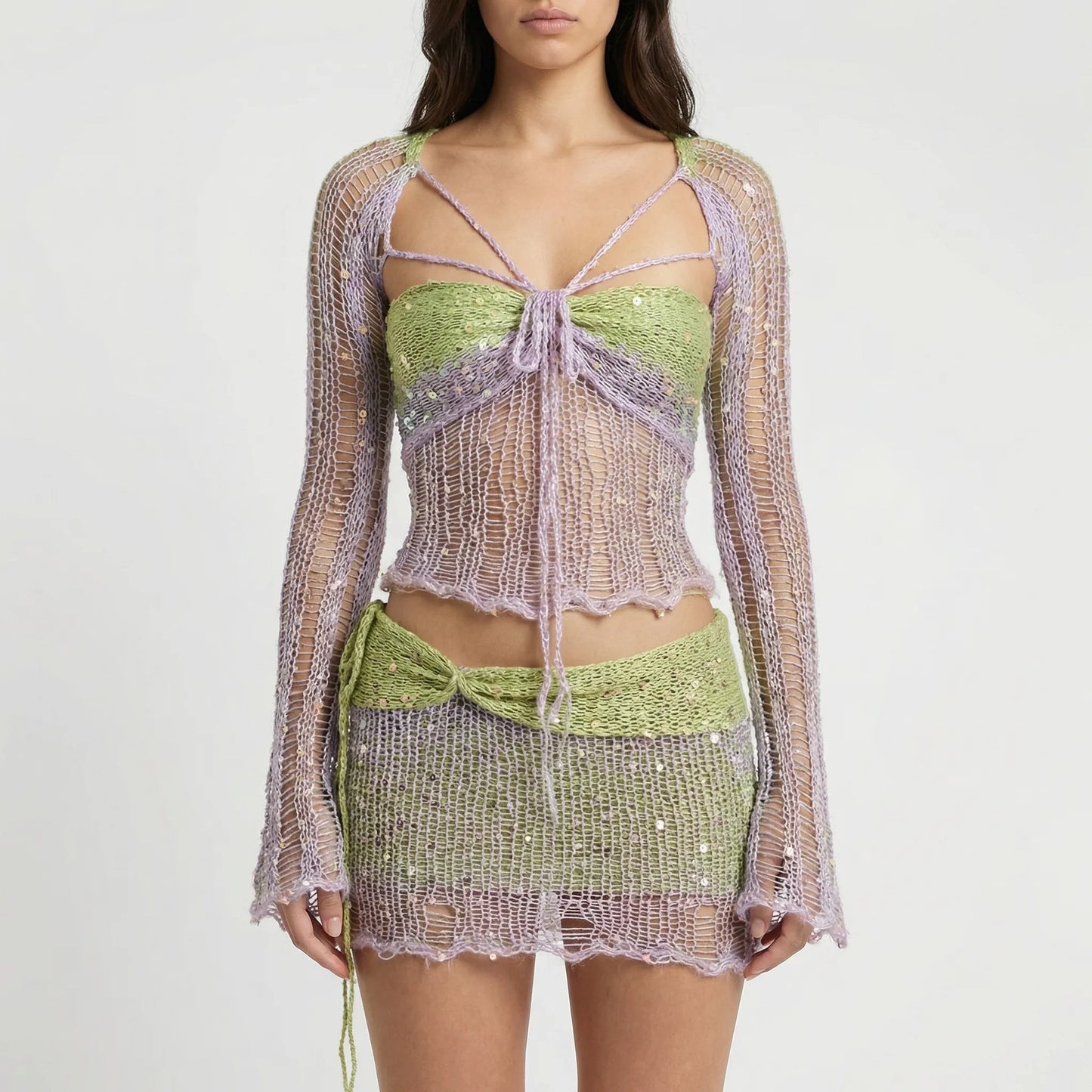 Glitzura - Sequin Open-Knit Two-Piece Set