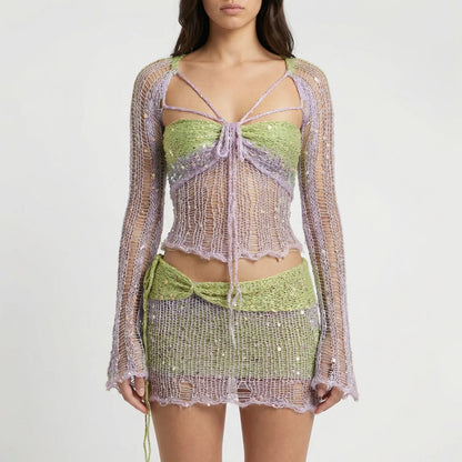 Glitzura - Sequin Open-Knit Two-Piece Set