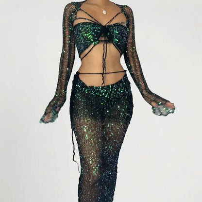 Glitzura - Sequin Open-Knit Two-Piece Set