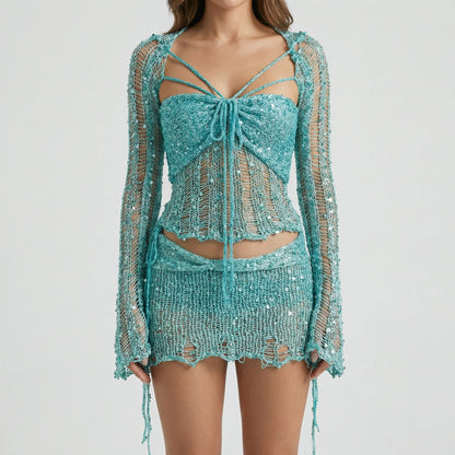 Glitzura - Sequin Open-Knit Two-Piece Set