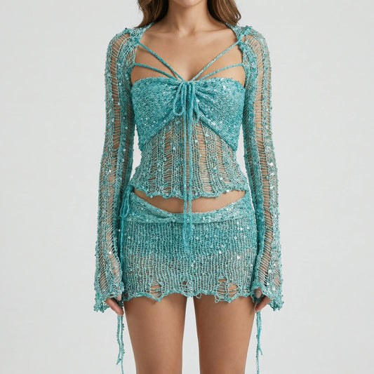 Glitzura - Sequin Open-Knit Two-Piece Set