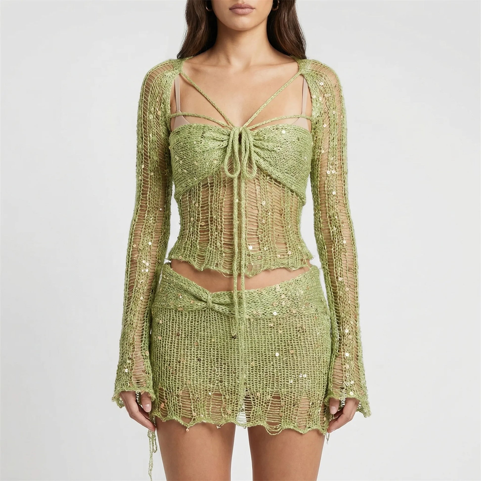 Glitzura - Sequin Open-Knit Two-Piece Set