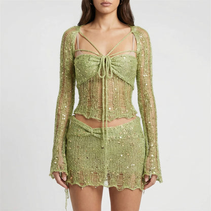 Glitzura - Sequin Open-Knit Two-Piece Set