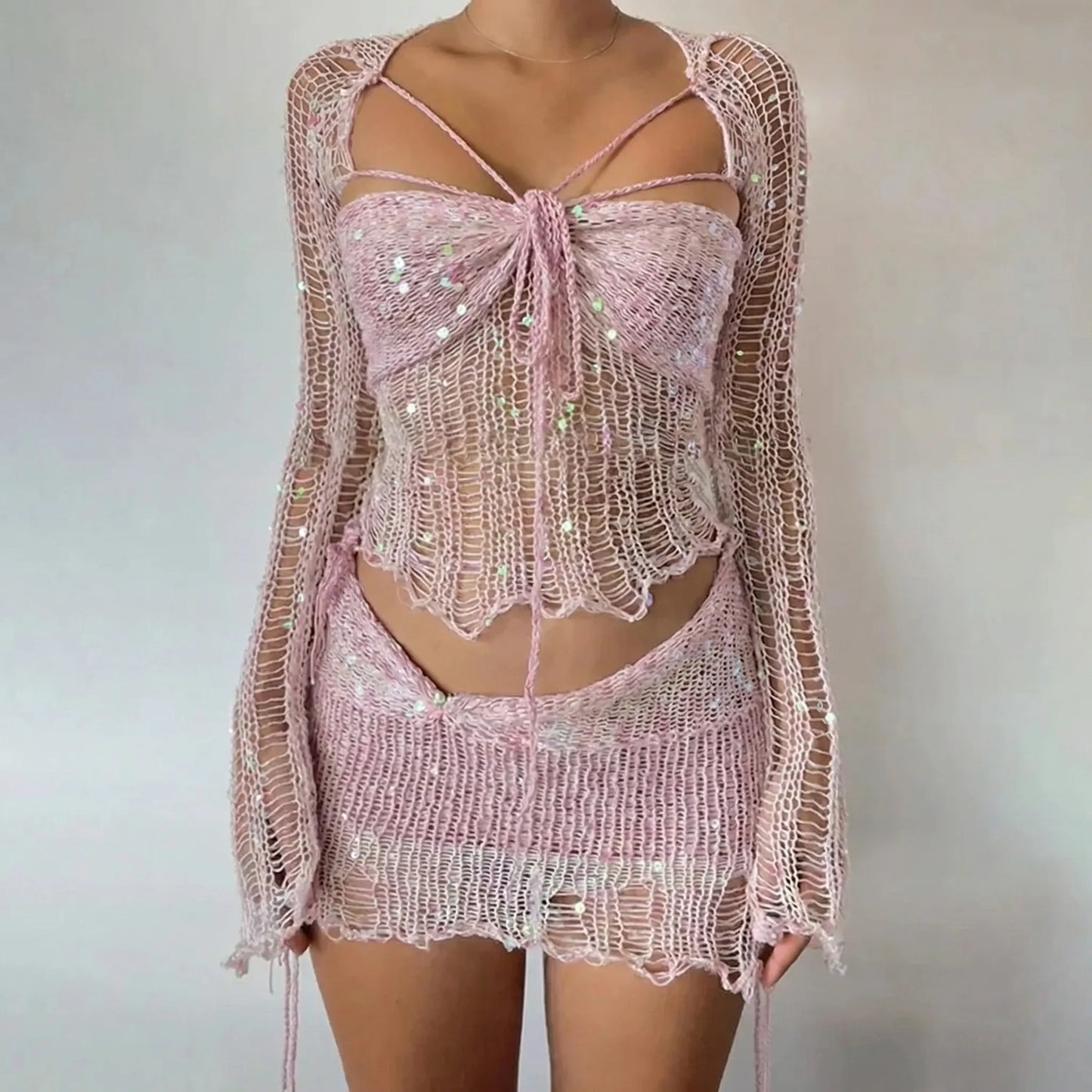 Glitzura - Sequin Open-Knit Two-Piece Set