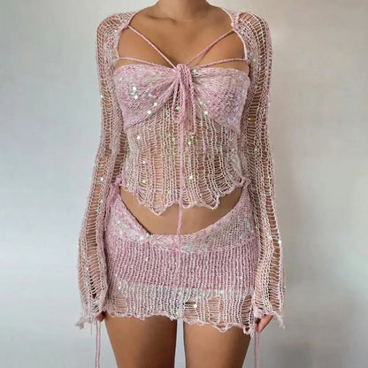 Glitzura - Sequin Open-Knit Two-Piece Set