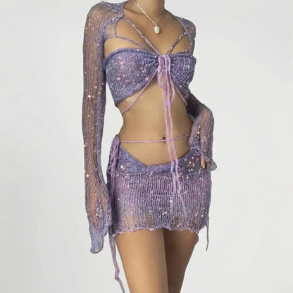 Glitzura - Sequin Open-Knit Two-Piece Set