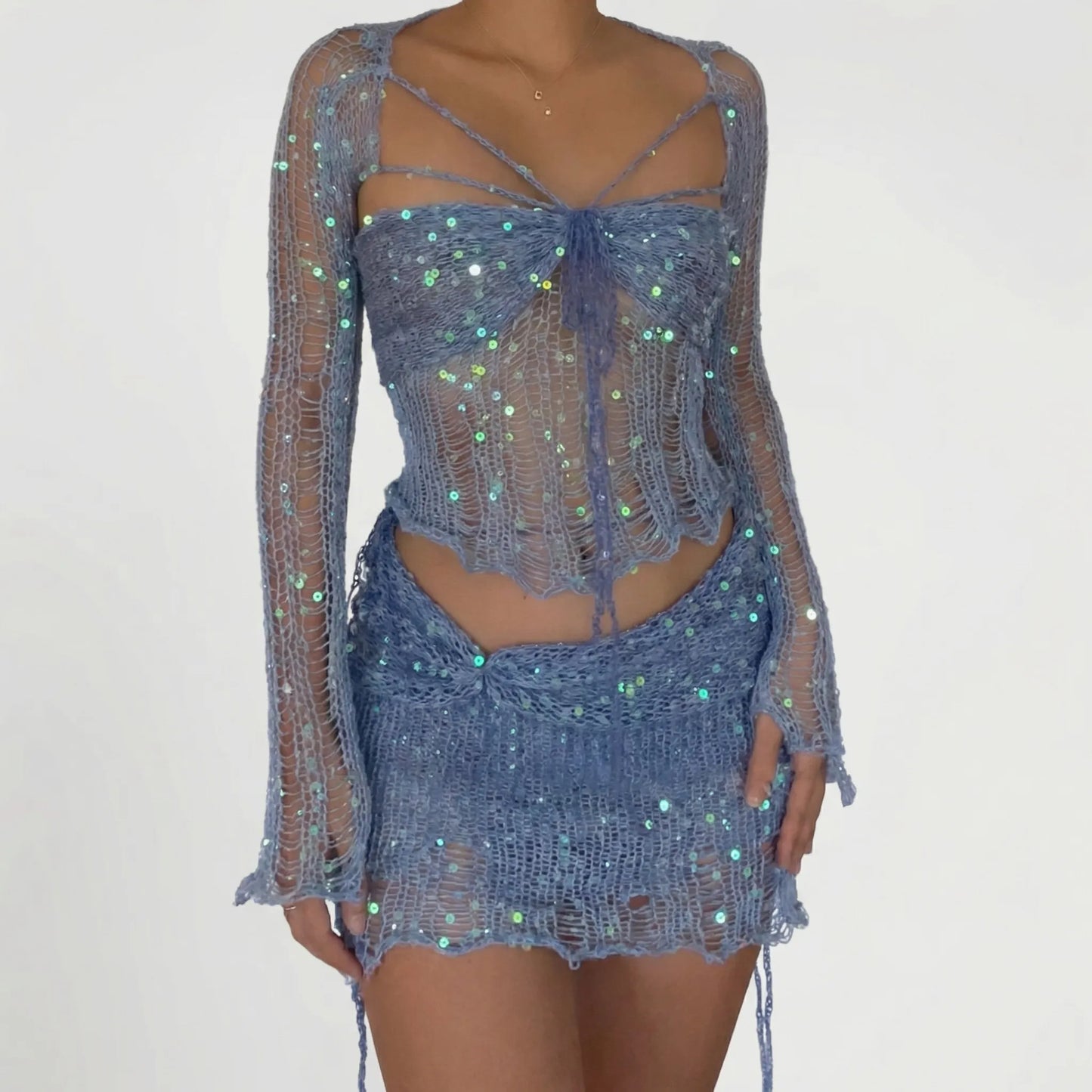 Glitzura - Sequin Open-Knit Two-Piece Set