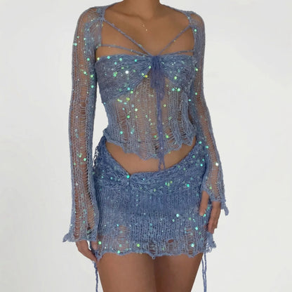 Glitzura - Sequin Open-Knit Two-Piece Set