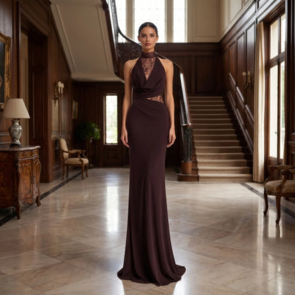 Haltressa | Halter Neck Lace Panel Maxi Dress