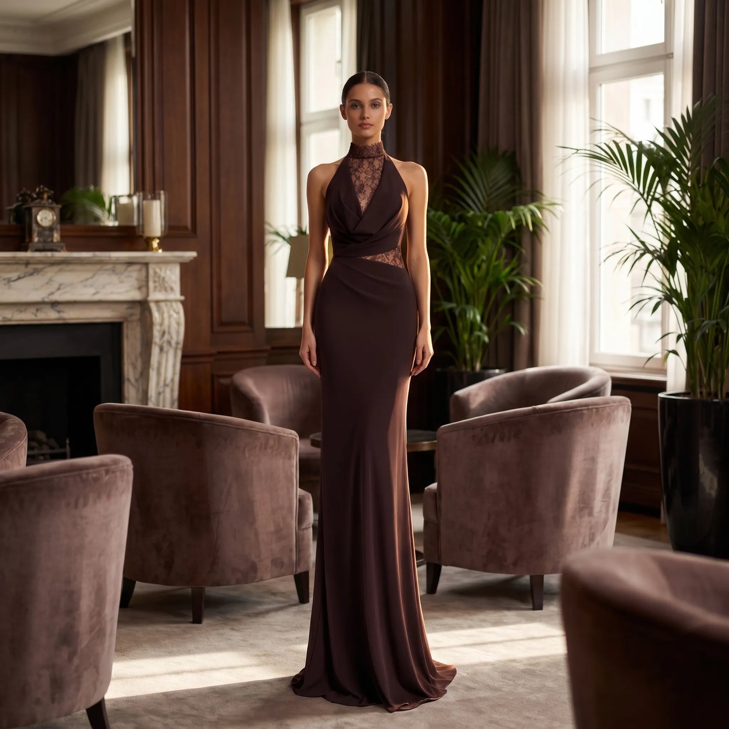 Haltressa | Halter Neck Lace Panel Maxi Dress