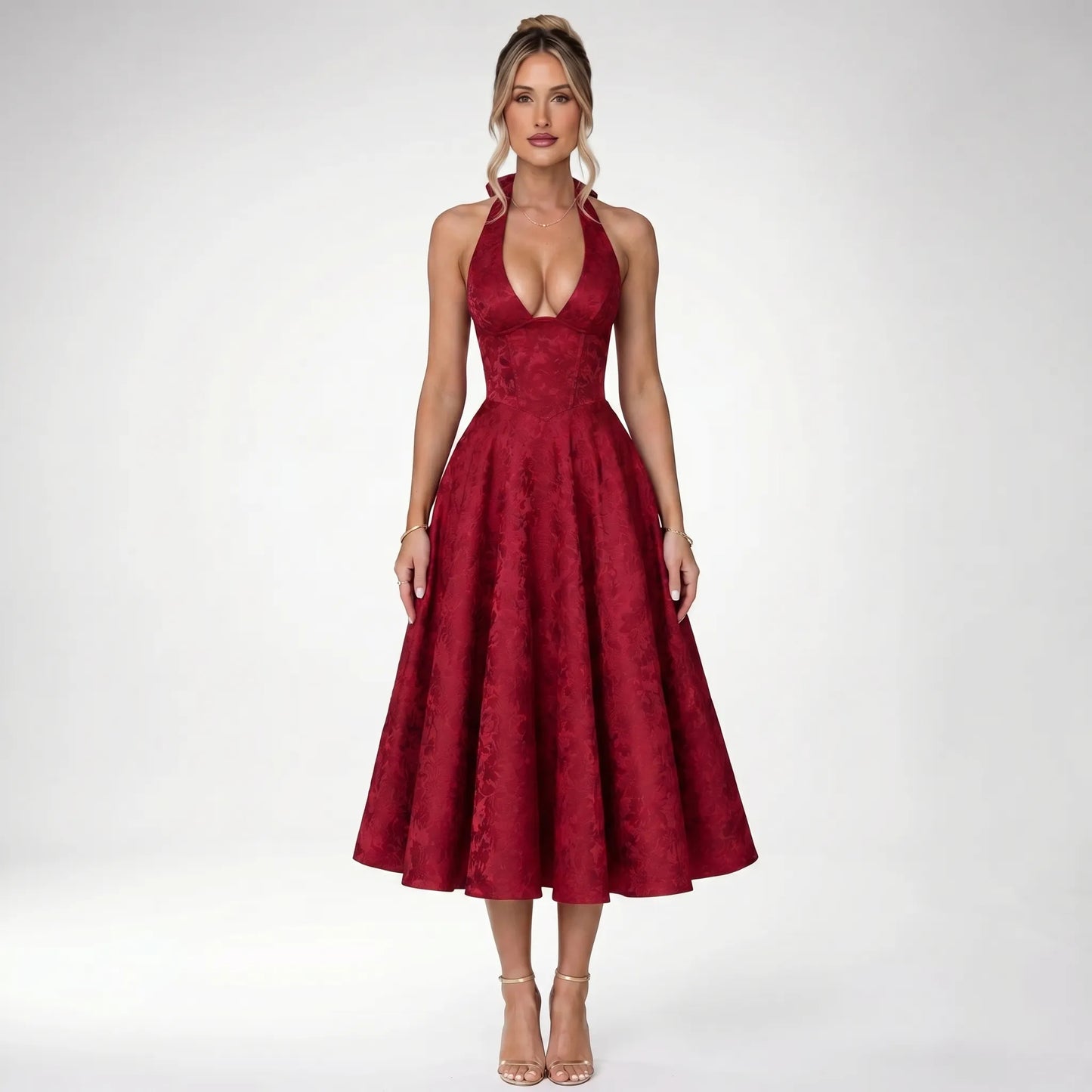 Halvera | Halter Neck Flared Midi Dress