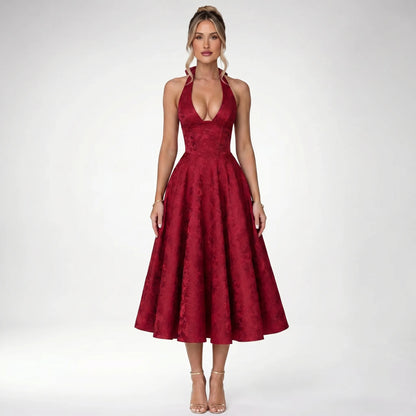 Halvera | Halter Neck Flared Midi Dress