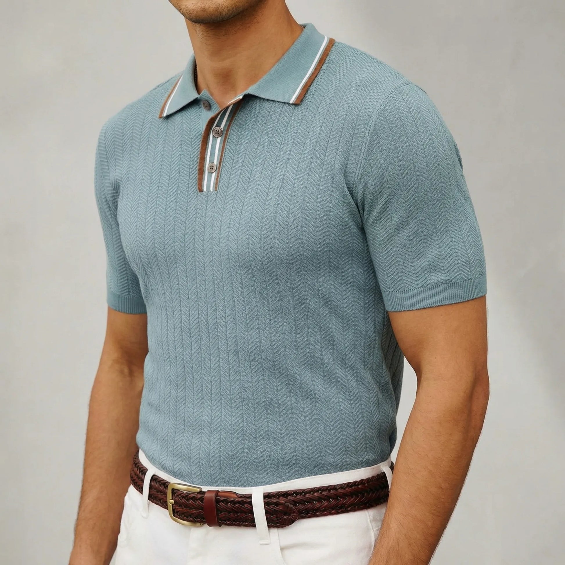 Herrvox - Herringbone Knit Short-Sleeve Polo