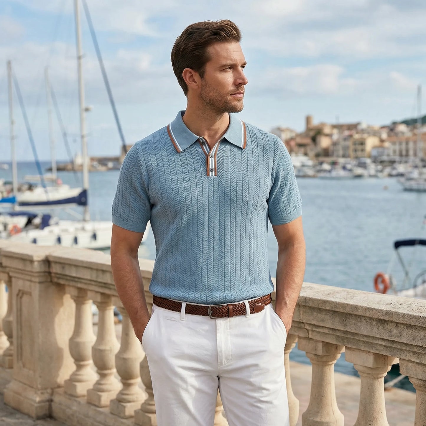 Herrvox - Herringbone Knit Short-Sleeve Polo