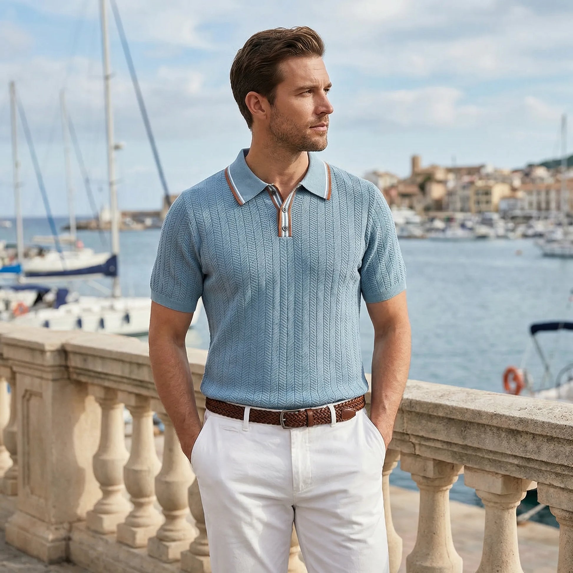 Herrvox - Herringbone Knit Short-Sleeve Polo