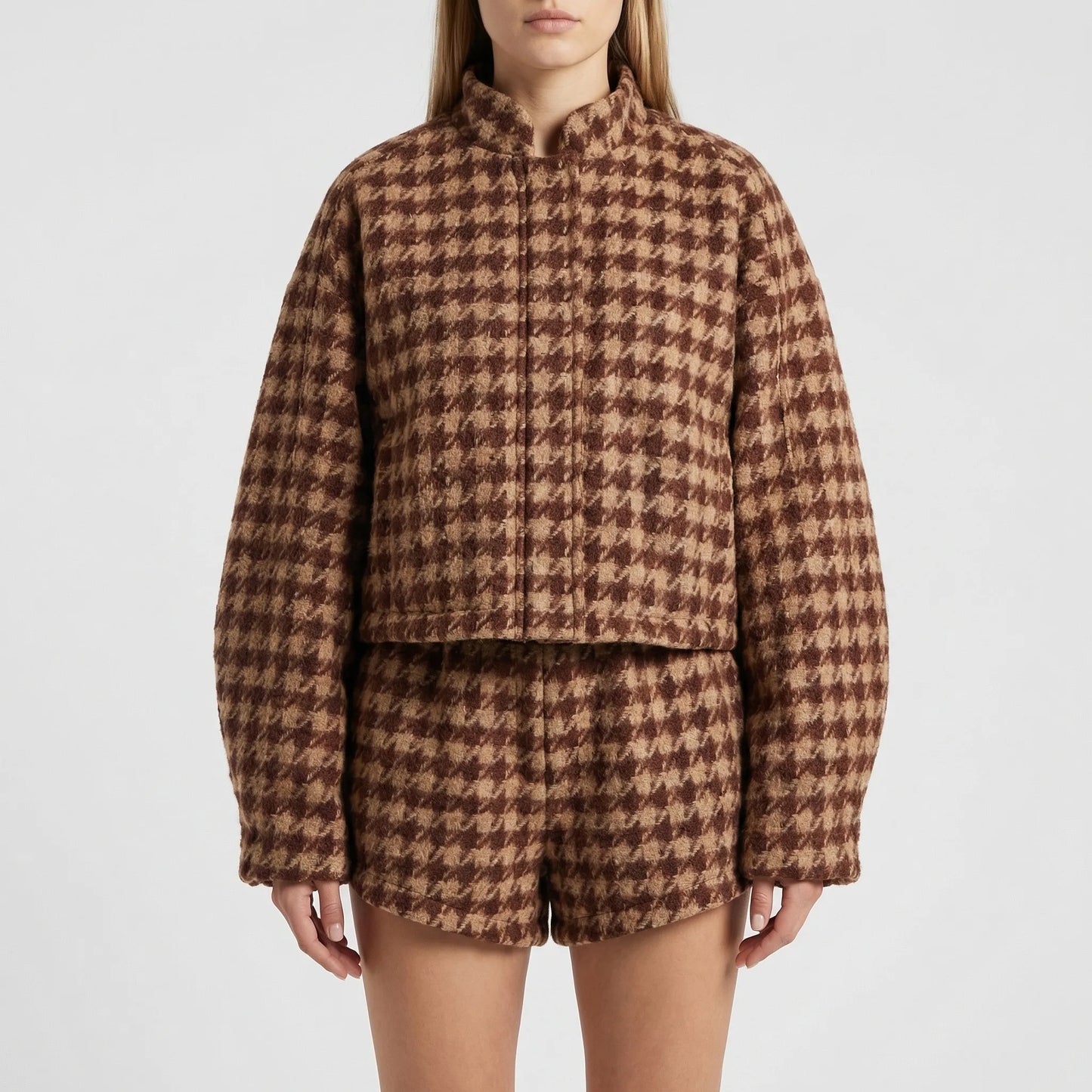 Houndara - Houndstooth Two-Piece Jacket And Shorts Set