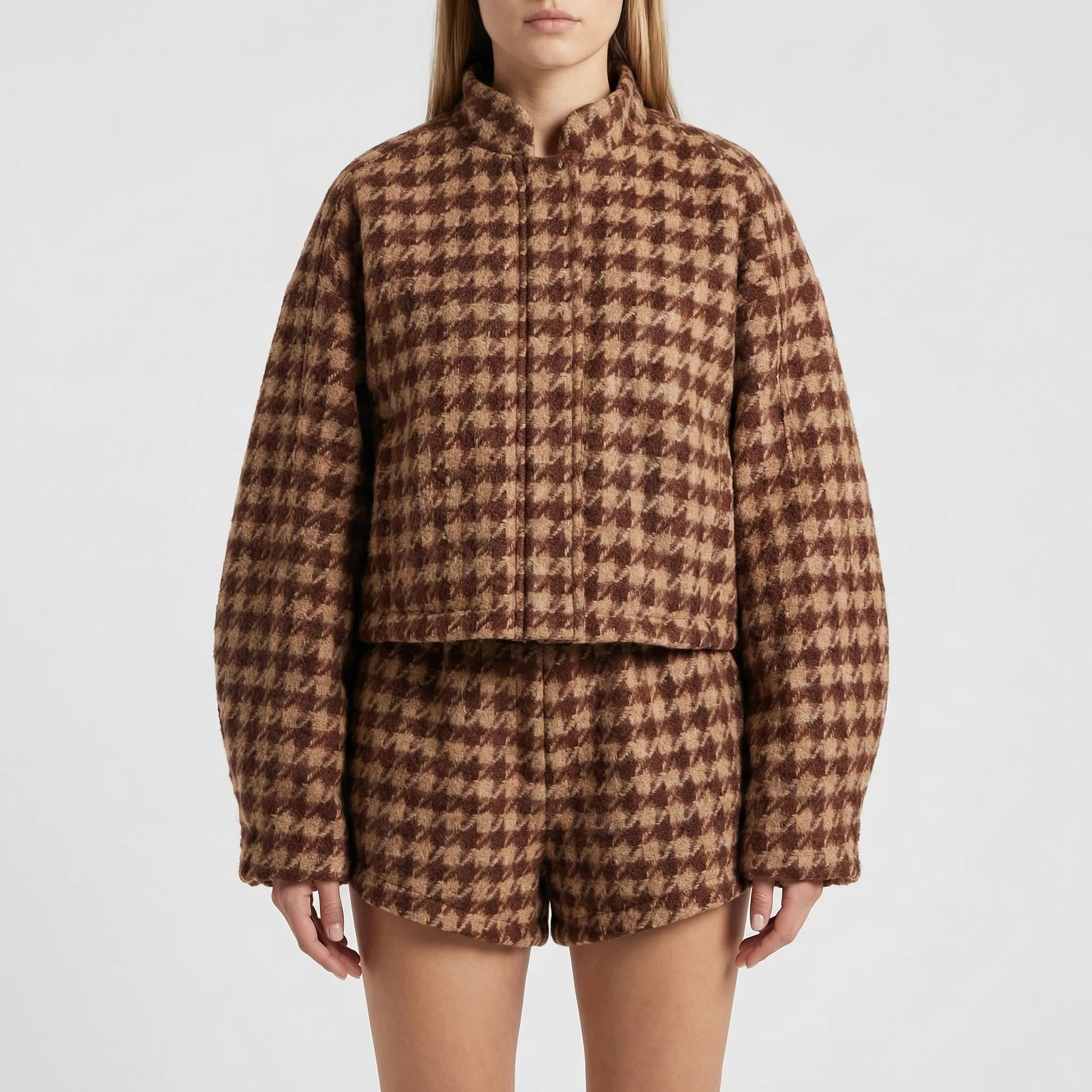 Houndara - Houndstooth Two-Piece Jacket And Shorts Set