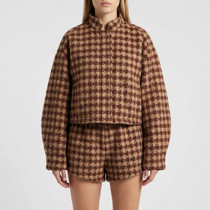 Houndara - Houndstooth Two-Piece Jacket And Shorts Set