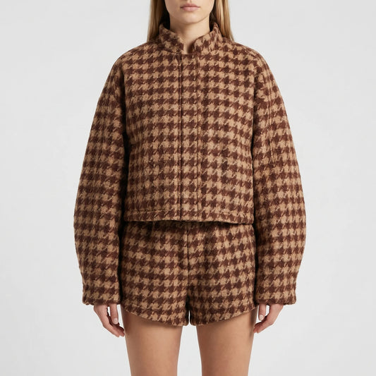 Houndara - Houndstooth Two-Piece Jacket And Shorts Set