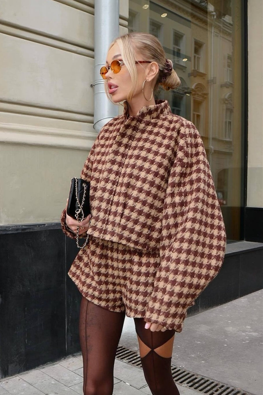 Houndara - Houndstooth Two-Piece Jacket And Shorts Set