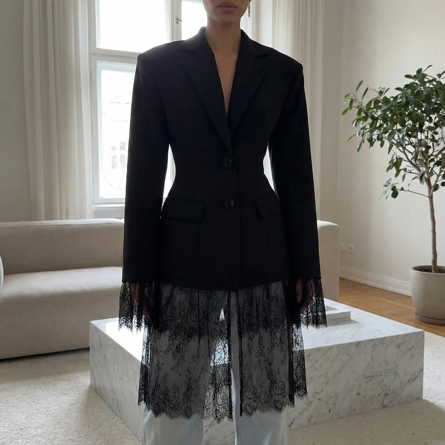 Lacelle | Fitted Lapel Collar Blazer With Lace Trim
