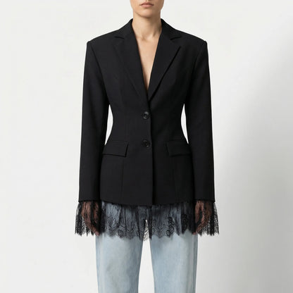 Lacelle | Fitted Lapel Collar Blazer With Lace Trim