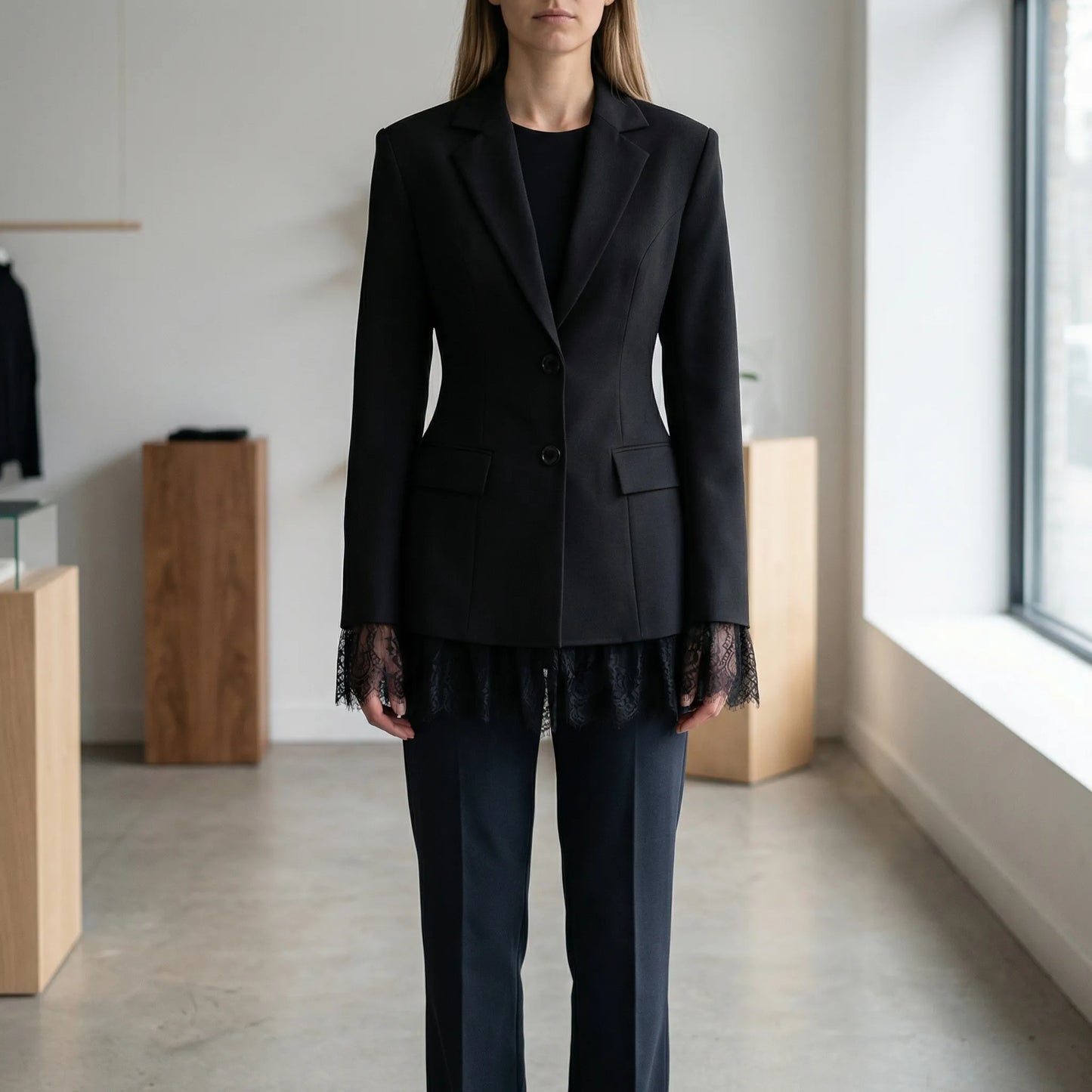 Lacelle | Fitted Lapel Collar Blazer With Lace Trim