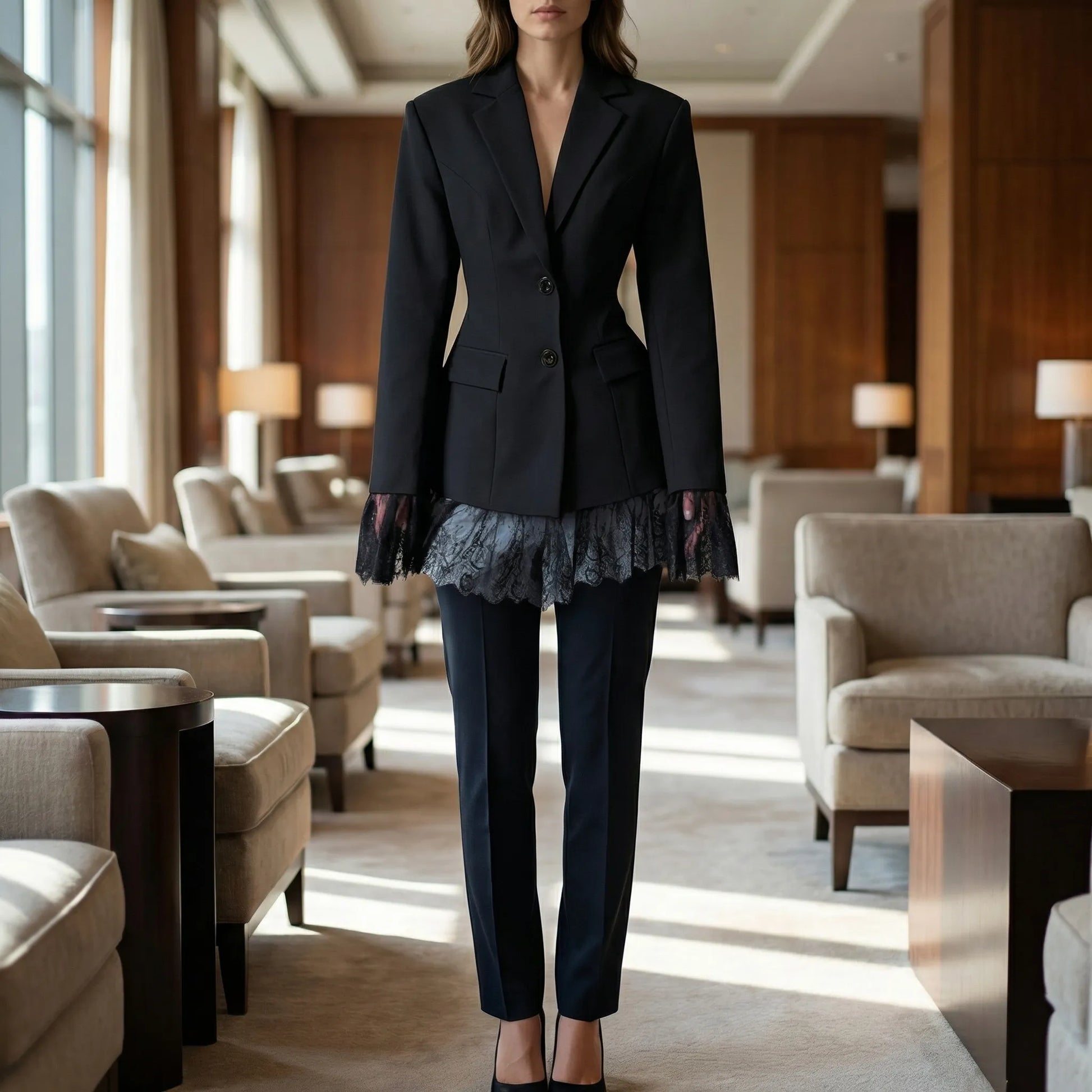 Lacelle | Fitted Lapel Collar Blazer With Lace Trim