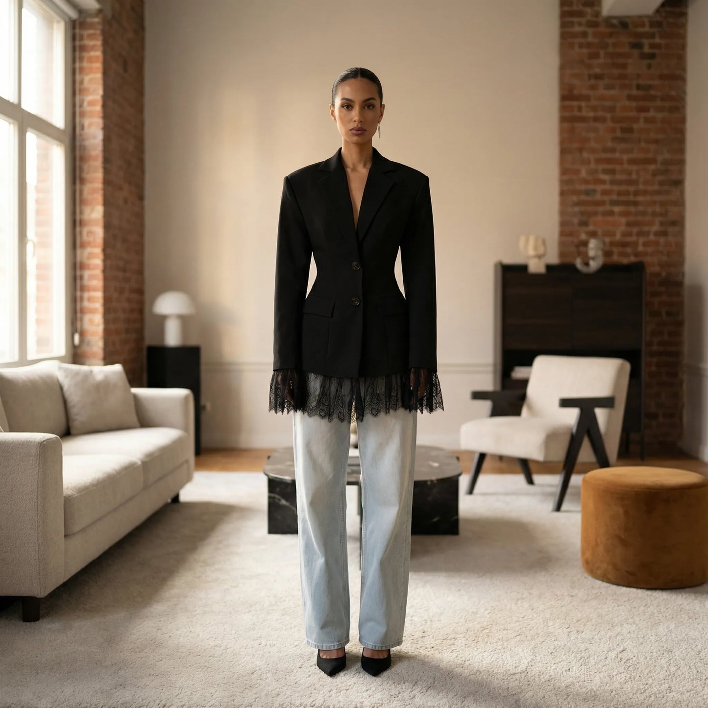 Lacelle | Fitted Lapel Collar Blazer With Lace Trim