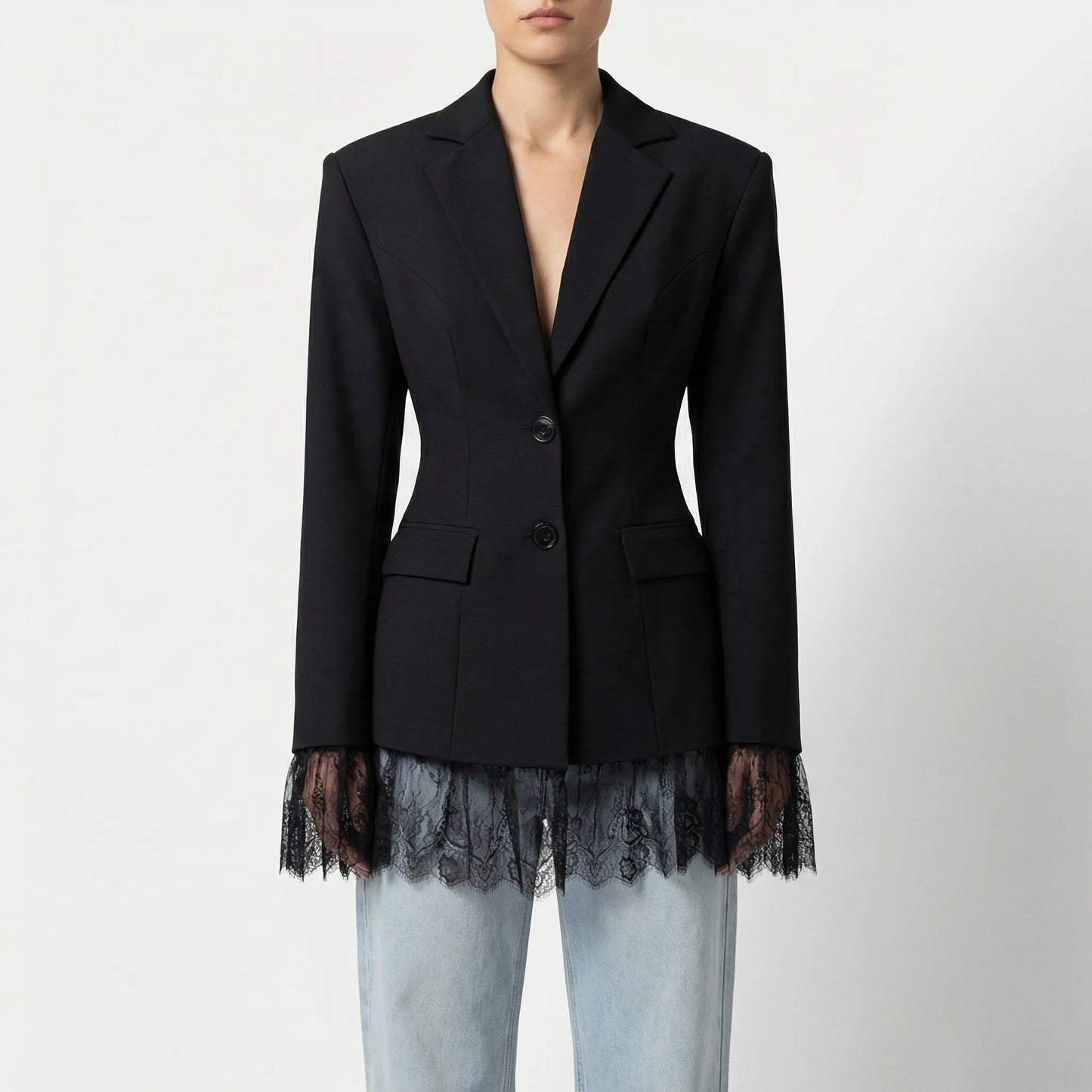 Lacelle | Fitted Lapel Collar Blazer With Lace Trim