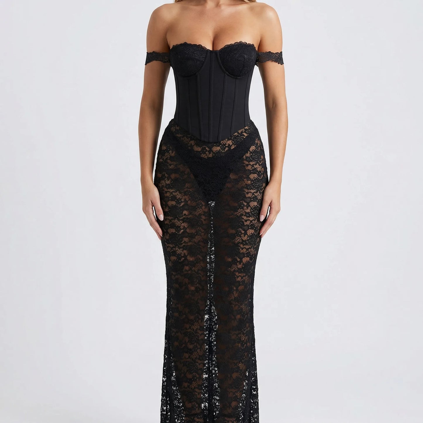 Lacoria - Strapless Lace Ankle-Length Gown