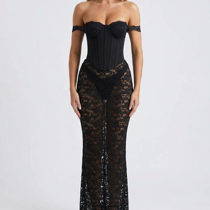 Lacoria - Strapless Lace Ankle-Length Gown