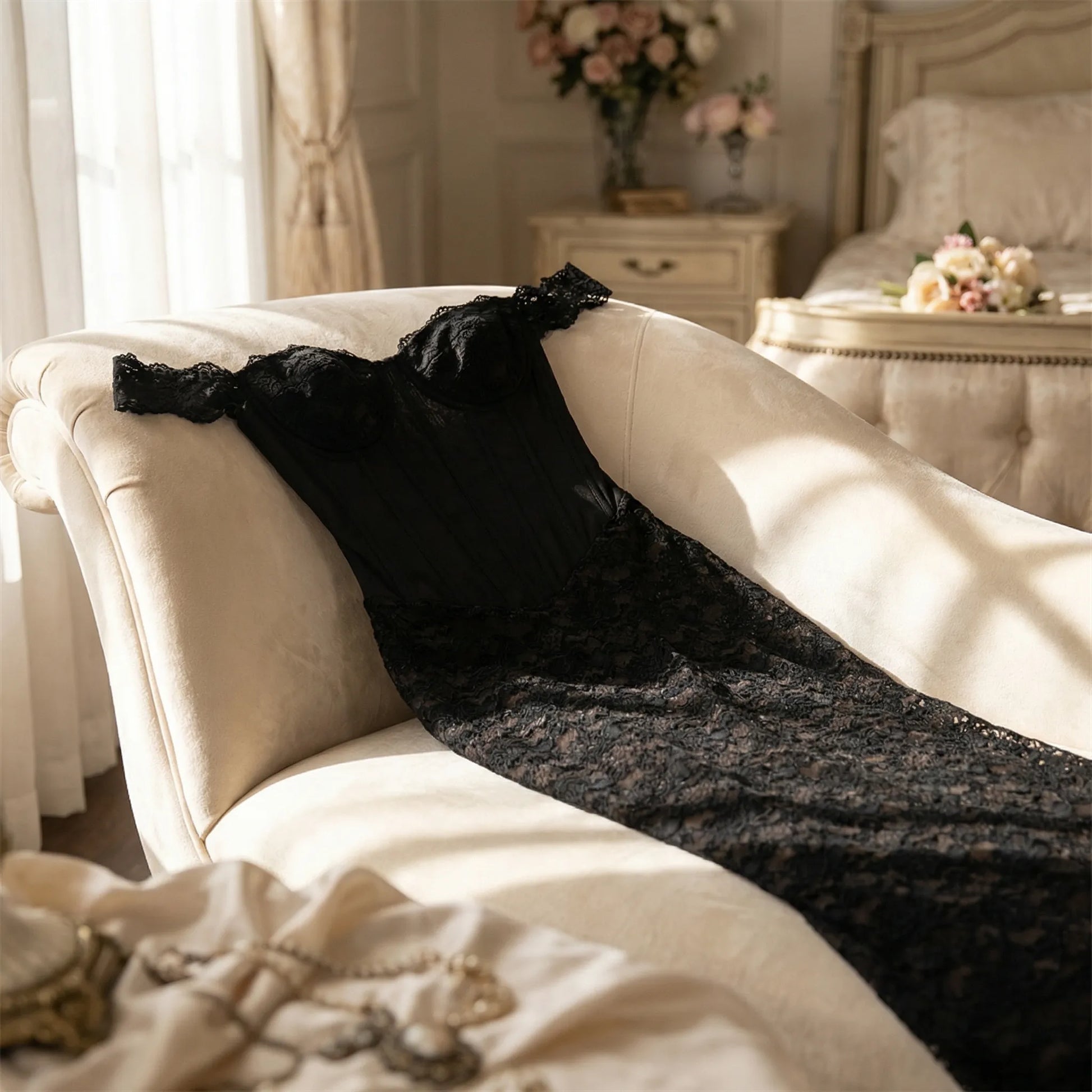Lacoria - Strapless Lace Ankle-Length Gown