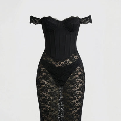 Lacoria - Strapless Lace Ankle-Length Gown
