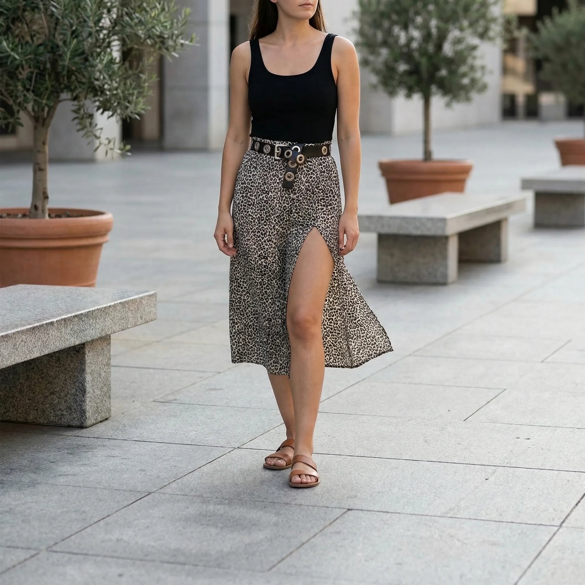 Leoprella | Knee-Length A-Line Leopard Print Skirt