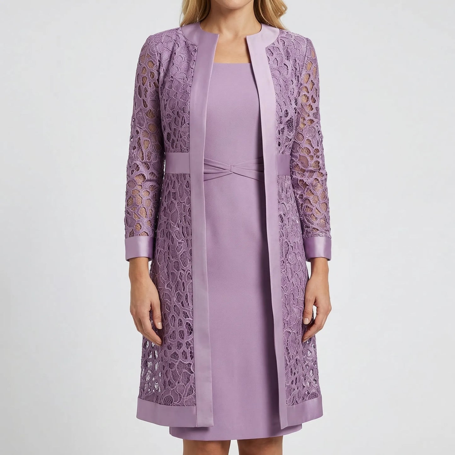 Lumivelle - Lace Overlay Midi Dress Set
