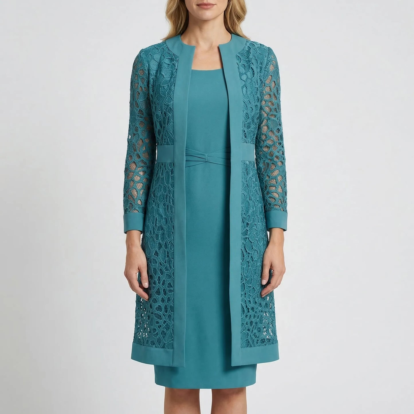 Lumivelle - Lace Overlay Midi Dress Set