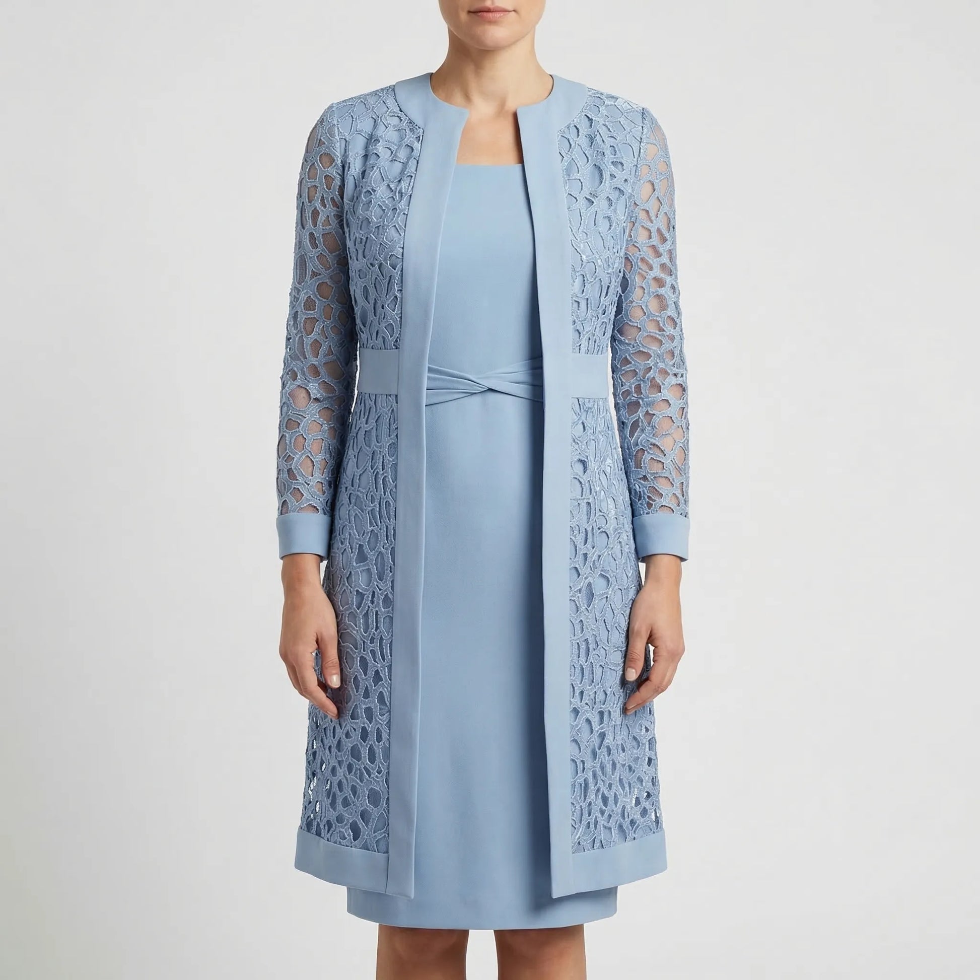 Lumivelle - Lace Overlay Midi Dress Set