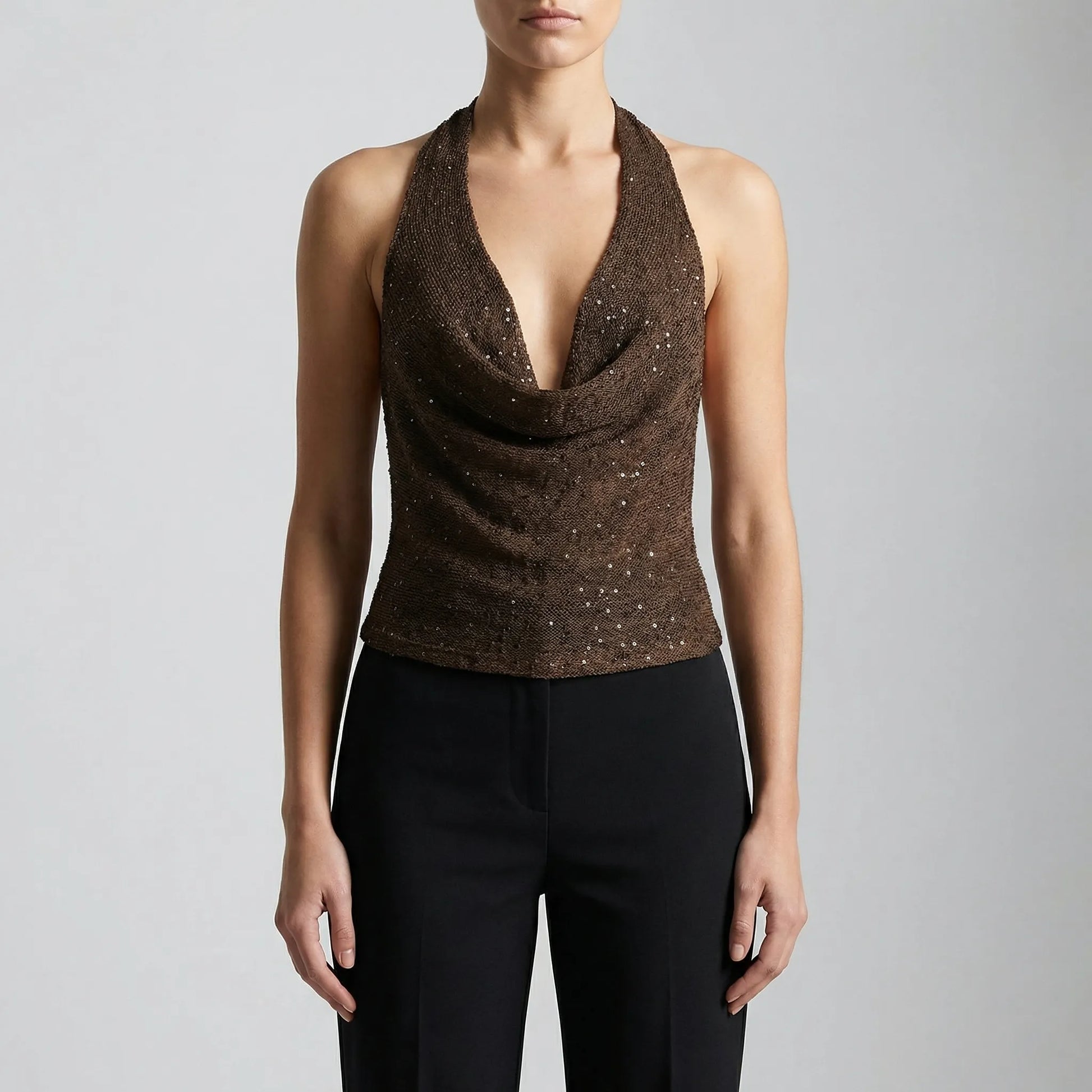 Lumivra | Sequin Halter Cowl Neck Top