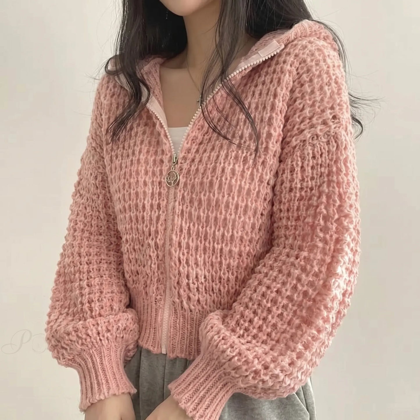 Lumvette | Cropped Zip-Up Knit Cardigan