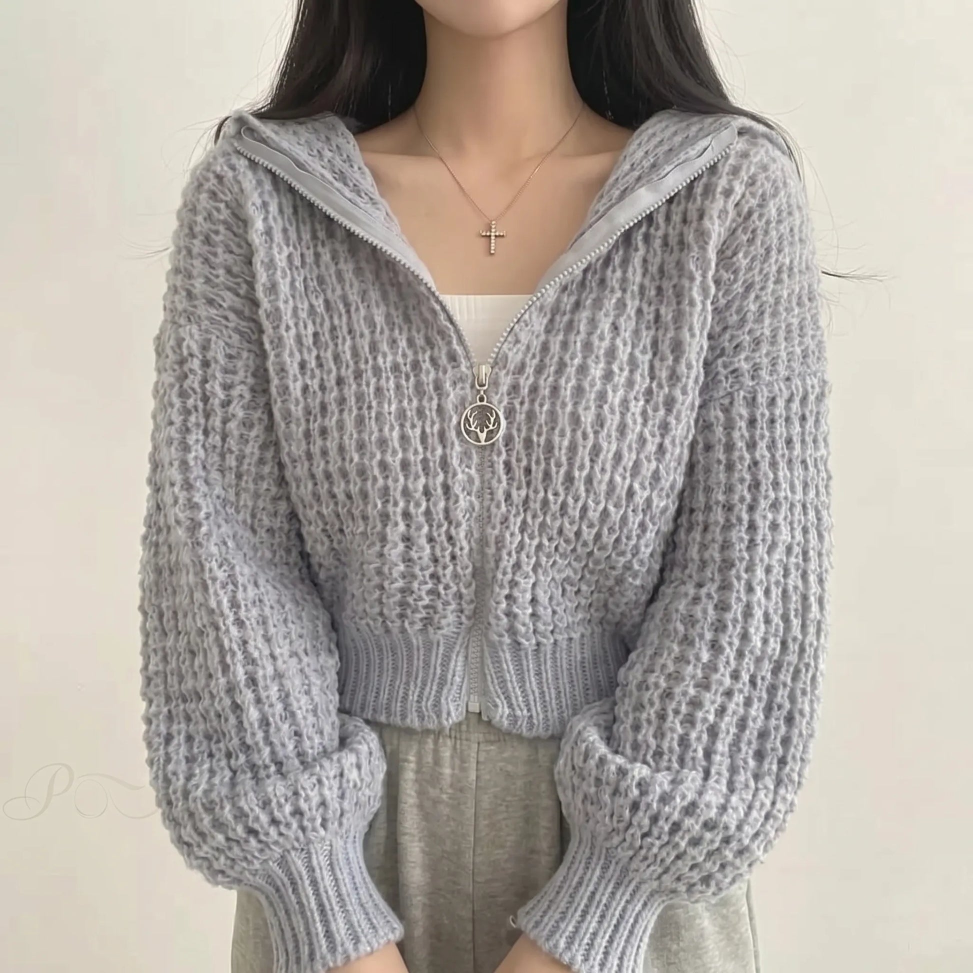 Lumvette | Cropped Zip-Up Knit Cardigan