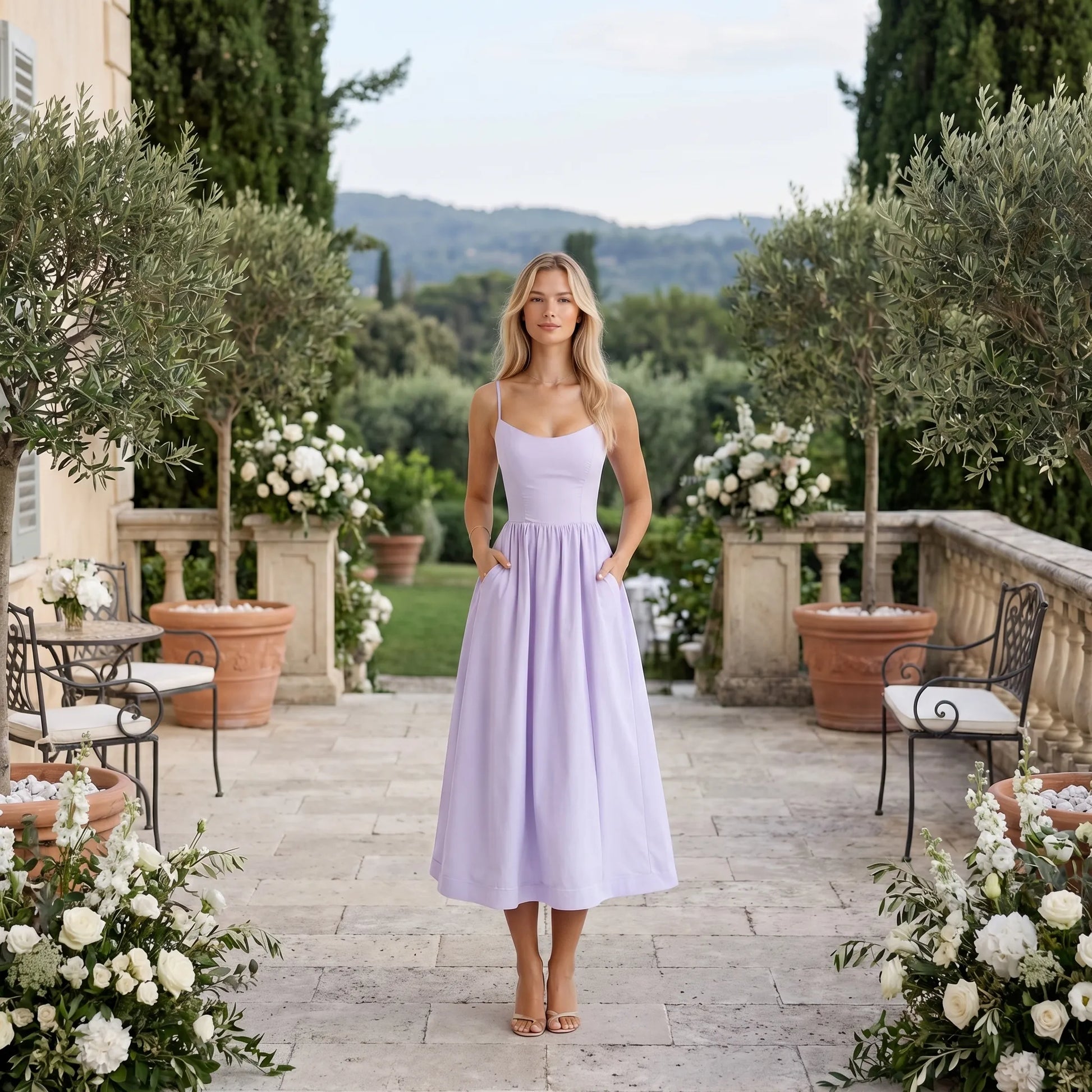 A-Line Midi Dress - Structured Bodice - Formal Style
