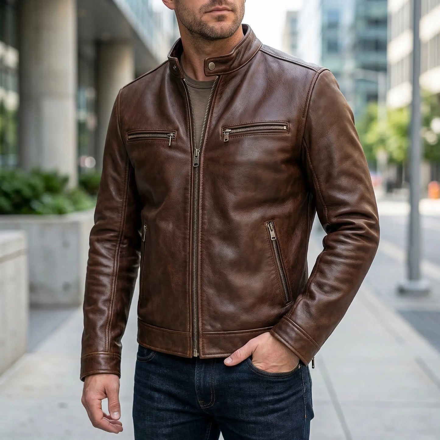 Motovrex - Slim Fit Zip-Up Biker Jacket