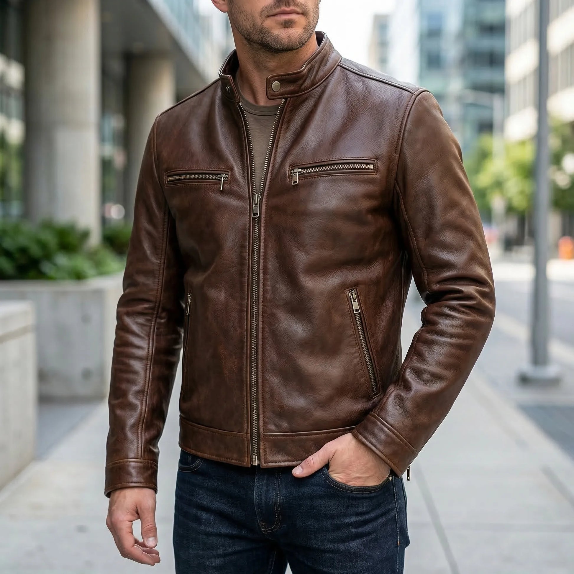 Motovrex - Slim Fit Zip-Up Biker Jacket