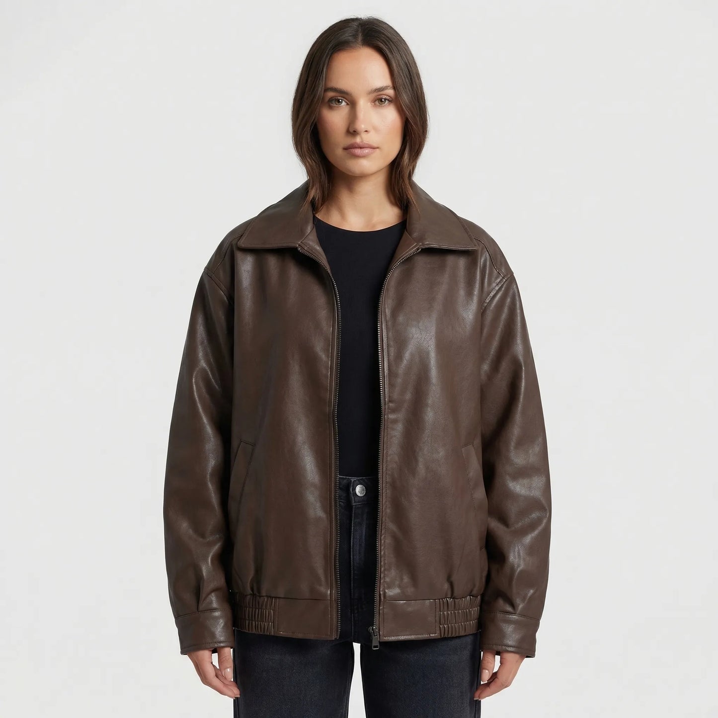 Moxenne - Oversized Faux-Leather Zip-Up Jacket