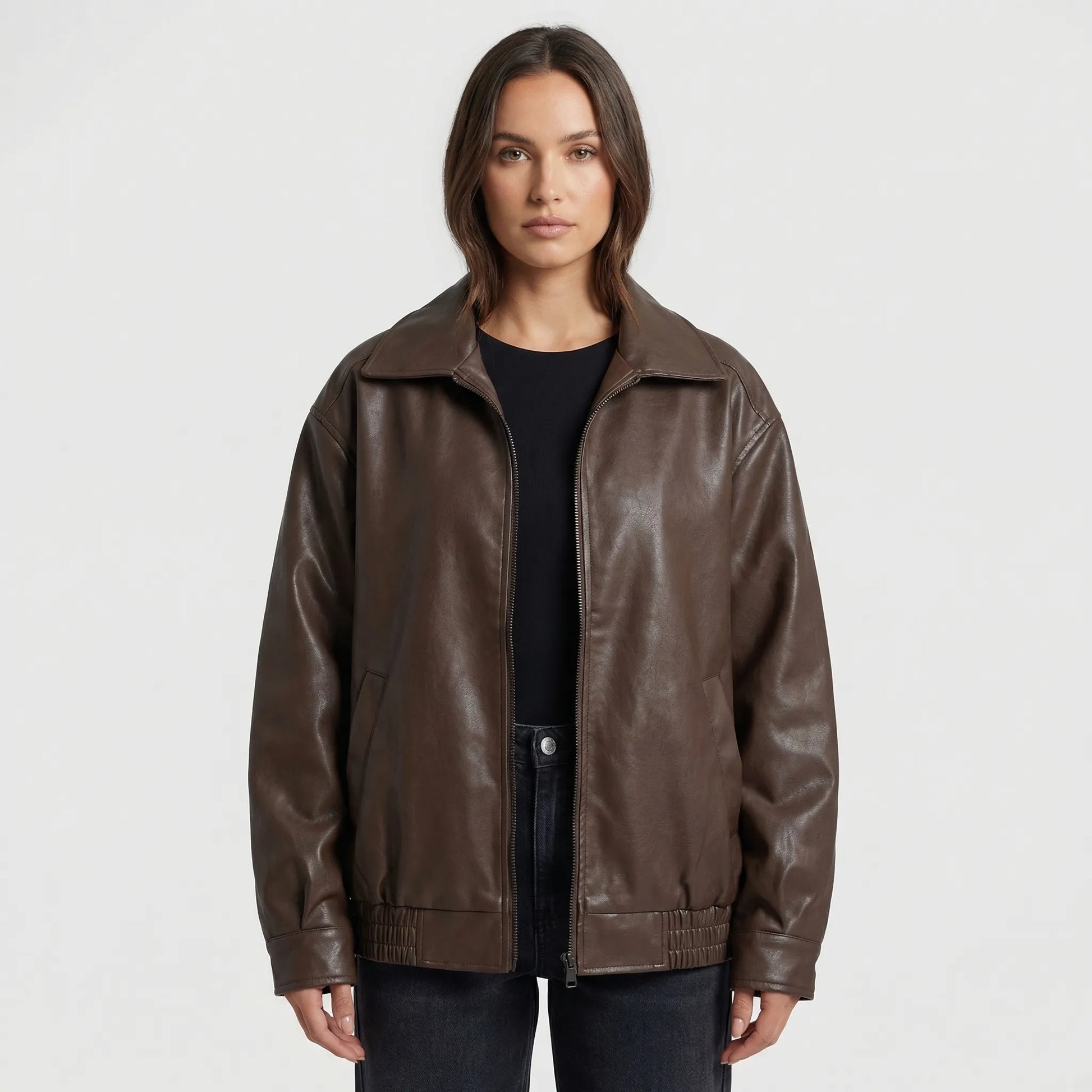 Moxenne - Oversized Faux-Leather Zip-Up Jacket